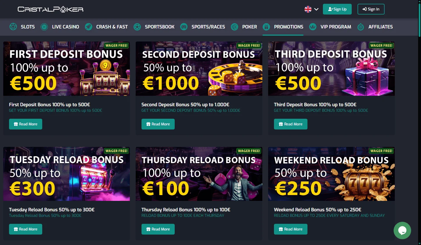 Cristal Poker Casino desktop promotions view with bonuses and rewards