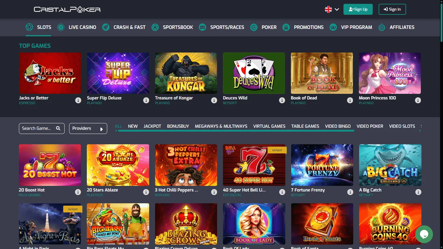 Cristal Poker Casino desktop games view with casino and live game choices