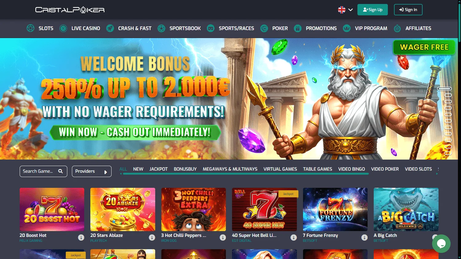 Cristal Poker Casino desktop home view with the welcome offer